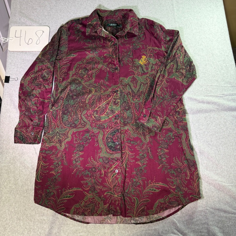 Lauren Ralph Lauren Paisley Sleep Shirt Burgundy Green LRL Crest Nightgown Large